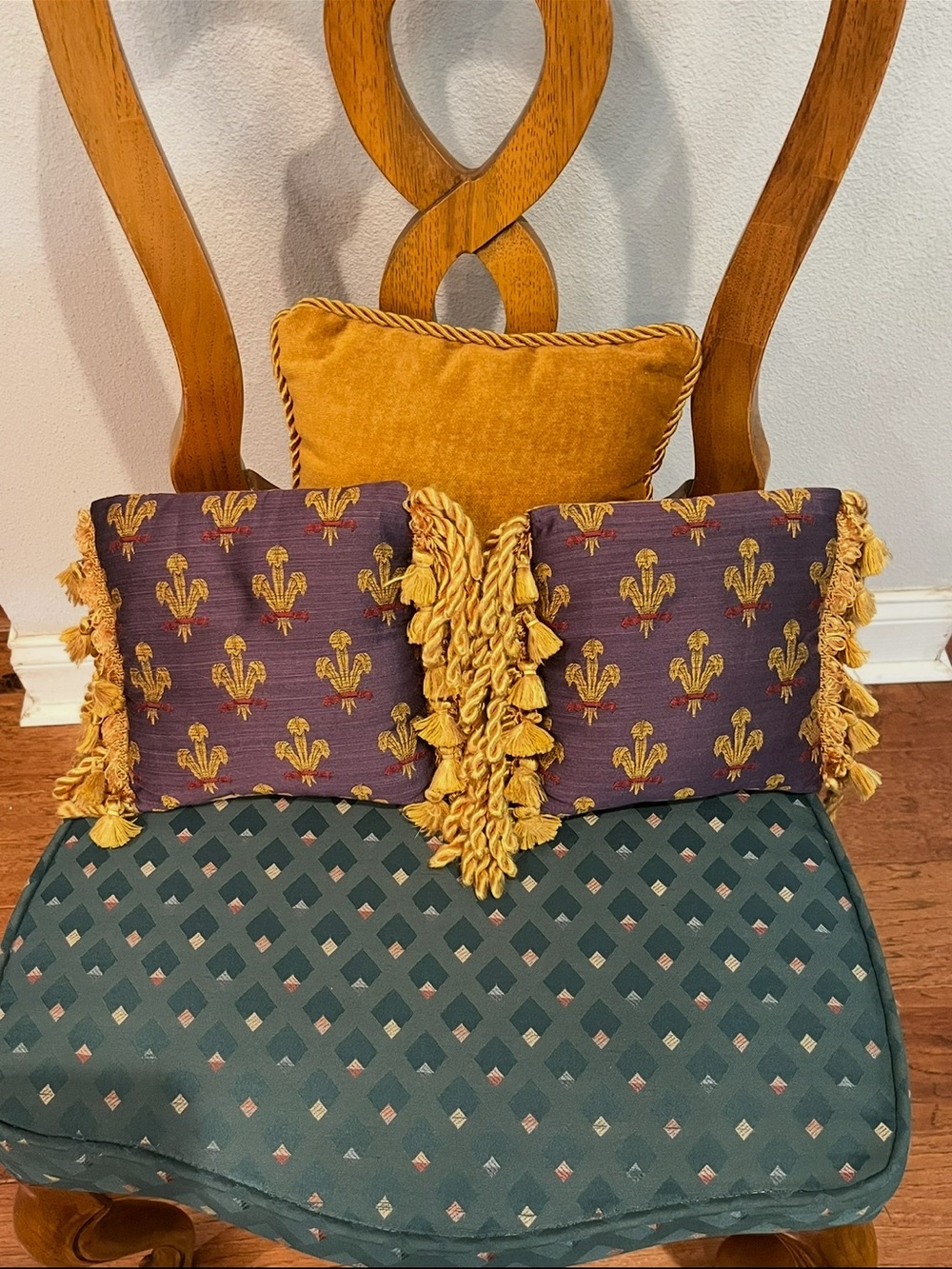 Vintage Gold and Purple brocade Decorative Throw Pillow Set with corded fringe.